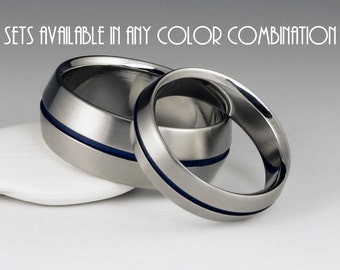 Titanium Band Set, His and Hers Wedding Set, Peaked Profile, Centered Blue Pinstripe