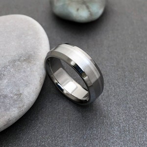 Titanium and Solid Platinum Off Center Inlay Ring with Beveled Edges, Unisex Wedding Band, Custom Widths and Personalized Engraving