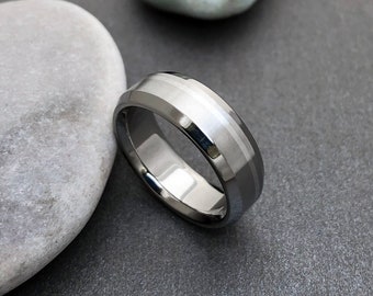 Titanium and Solid Platinum Off Center Inlay Ring with Beveled Edges, Unisex Wedding Band, Custom Widths and Personalized Engraving