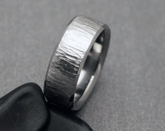 Black Oak Tree Titanium Ring: Hand Carved Wood Grain Wedding Band