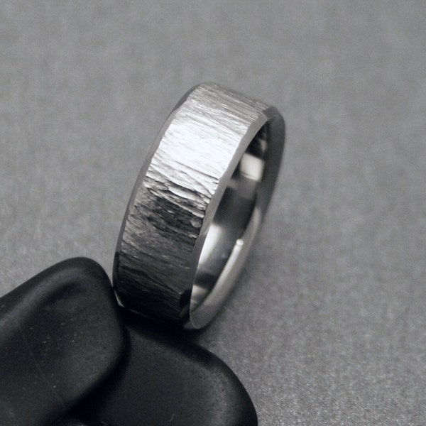 Wood Grain Tree Bark Ring Titanium Ring with the "Black Oak Tree" Finish, Mens or Womens Unique Hypoallergenic Wedding or Engagement Band