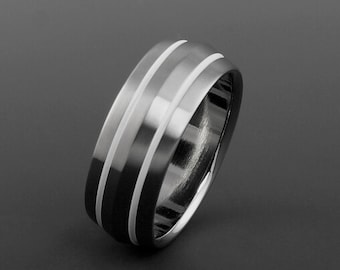 Titanium Wedding Ring with White Pinstripes and a Peaked Profile, Unique Personalized Mens or Womens Engagement or Promise Band