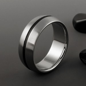 Titanium Ring: Black Textured Stripe, Hand Carved Wedding Band
