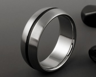 Titanium Ring: Black Textured Stripe, Hand Carved Wedding Band