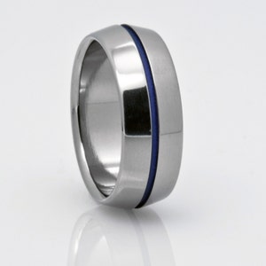 Titanium Wedding Band with a Blue Pinstripe and Peaked Profile, Mens or Womens Custom Made Engagement or Promise Band, Thin Blue Line Ring image 4