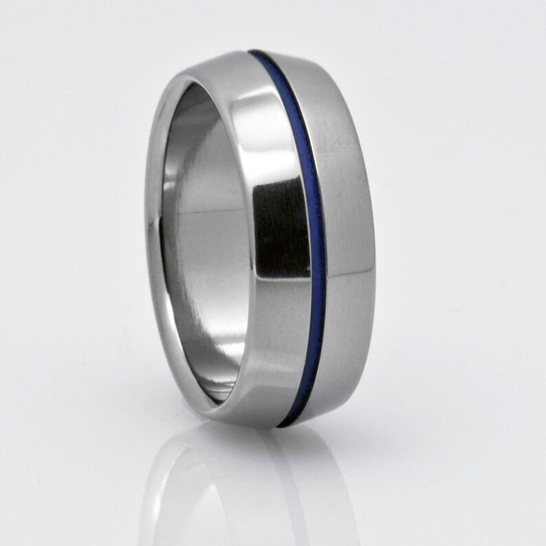 Titanium Wedding Band with a Blue Pinstripe and Peaked Profile, Mens or Womens Custom Made Engagement or Promise Band, Thin Blue Line Ring image 4