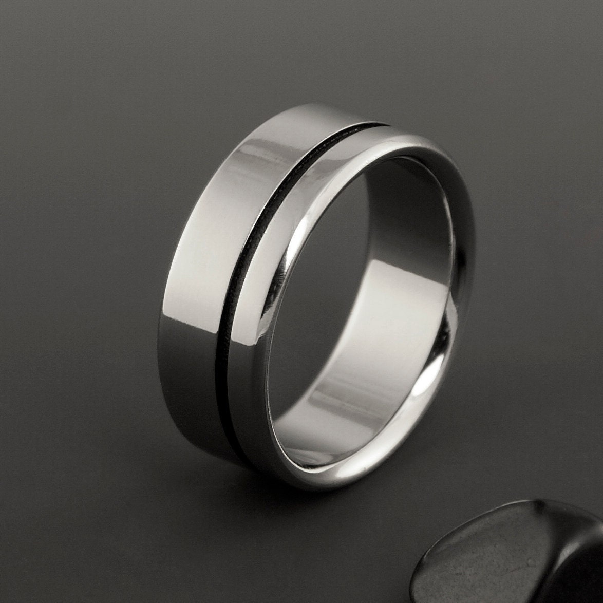 Titanium Wedding Ring with a Black Off Center Pinstripe | Etsy