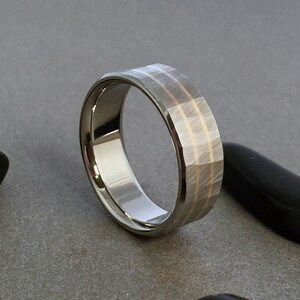 Rustic Faceted Titanium and Gold Wedding Band, Hammered Texture