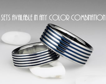 Titanium Ring Unique Wedding Band Set, Engagement, Promise or Anniversary Set with Blue Pinstripes