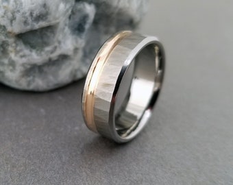 Unique Titanium and Rose Gold Ring with a Wood Grain Texture, Solid 18k Concave Inlayed Band, Modern Unisex Wedding Ring