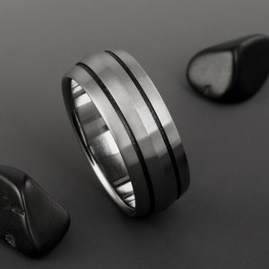 Titanium Wedding Ring in a Peaked Profile with a Black Stripes, Unisex Custom Made Personalized Engagement or Promise Band for Men or Women