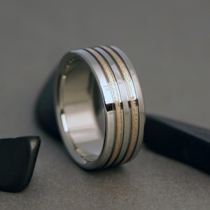 Titanium Wedding Ring: Gold Inlay, Stipple Texture, Hand Carved