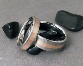 Set of 18k solid rose gold and titanium wedding rings with our wood grain "Sequoia" finish