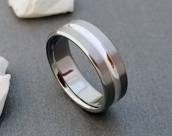 Anillo de titanio con incrustación cóncava de plata esterlina maciza, alianza de boda hecha a mano y personalizable
