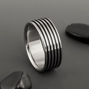 Handmade Titanium Ring: Black Textured Stripe, Unisex Wedding Band