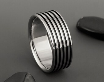 Titanium Black Textured Stripe Band, Unique Custom Handmade Personalized and Unisex Wedding Engagement or Promise Ring