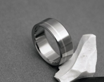 Titanium Ring with an Off Center Sterling Silver Inlay, Unisex Custom Handmade Personalized Simple Wedding Engagement Band or Unique Gift