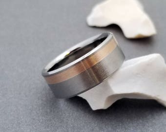 Titanium Wedding Ring With Wide Off Center Rose Gold Inlay, Mens or Womens Engagement or Promise Band, Yellow Rose or White Gold Inlay