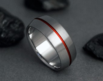 Handcrafted Titanium Wedding Ring with Peaked Profile and Red Accents - Perfect for Men or Women, Ideal as Promise or Engagement Ring