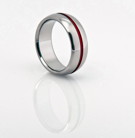 Titanium Band in a Domed Profile With a Wide Red Pinstripe, Red 