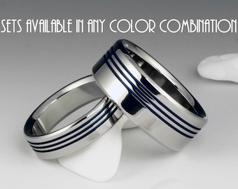 Titanium Wedding Band Set - Engagement Ring Set - Flat Profile - Three Off Center Blue Pinstripes