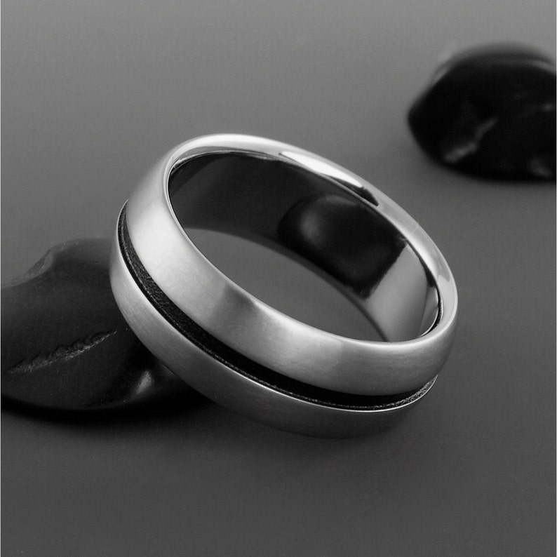 Titanium Ring with a Black Textured Stripe, Wedding Engagement or Promise Band, Mens or Womens Unique Black Ring image 3