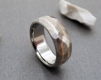 Faceted Titanium and Solid 18k Gold ring, available with Rose Yellow or White Gold inlays, Hammered Textured Finish