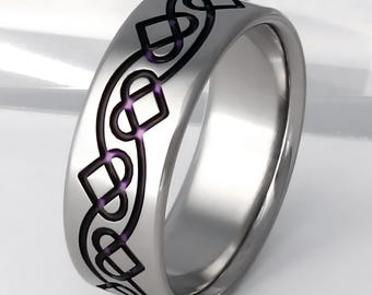 Titanium Band with Purple Heart Celtic Knot – Handmade Symbolic Ring