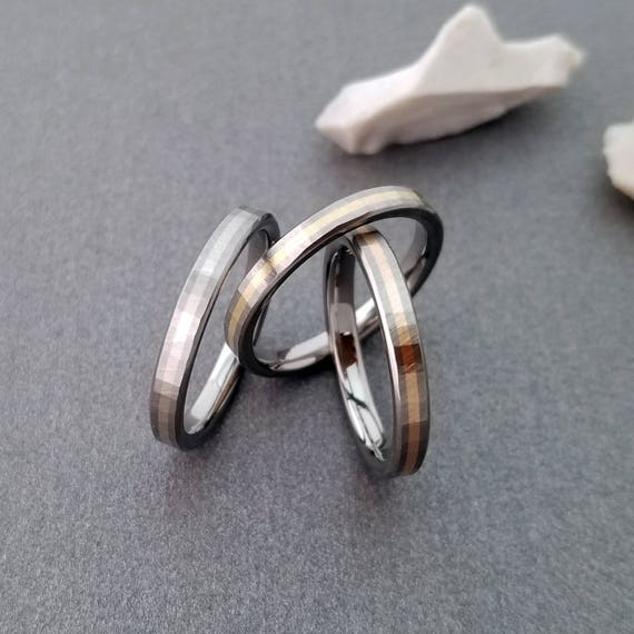 Stackable Titanium Rings: 18k Tri Color Gold Inlay, Sequoia Wood Finish