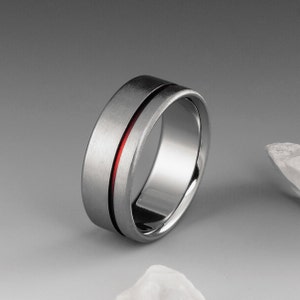 Red String of Fate Titanium Ring with Off Center Red Stripe, Mens or Womens Wedding Engagement or Promise Band, Simple Handmade Custom Ring