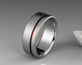 Red String of Fate Titanium Ring with Off Center Red Stripe, Mens or Womens Wedding Engagement or Promise Band, Simple Handmade Custom Ring