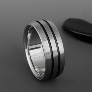 Titanium Wedding Band: Black Stripes, Beveled Edges, Personalized Engraving
