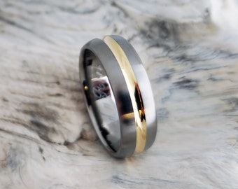 Handcrafted Titanium Ring: Domed Profile with 18K Gold Inlay