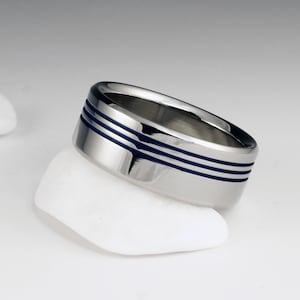 Titanium Ring with Off Center Blue Pinstripes and a Flat Profile, Handmade Wedding Engagement or Promise Band, Mens or Womens Unisex Ring