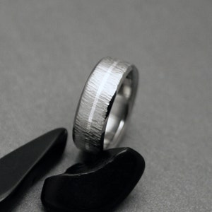 Titanium Ring: Black Oak Wood Grain Texture, Sterling Silver Inlay