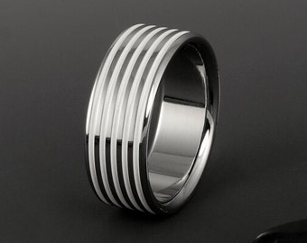 White Titanium Ring in a Flat Profile, Unique Unisex Wedding Engagement or Promise Statement Ring for Men or Women with Personalization