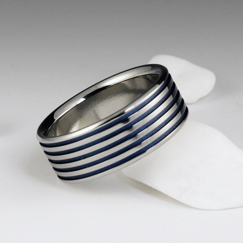 Titanium Ring Unique Wedding Band Set, Engagement, Promise or Anniversary Set with Blue Pinstripes image 3