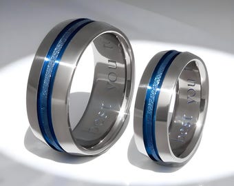 Titanium Ring Set with Peaked Bevel and Blue Anodizing – Stippled Center Band