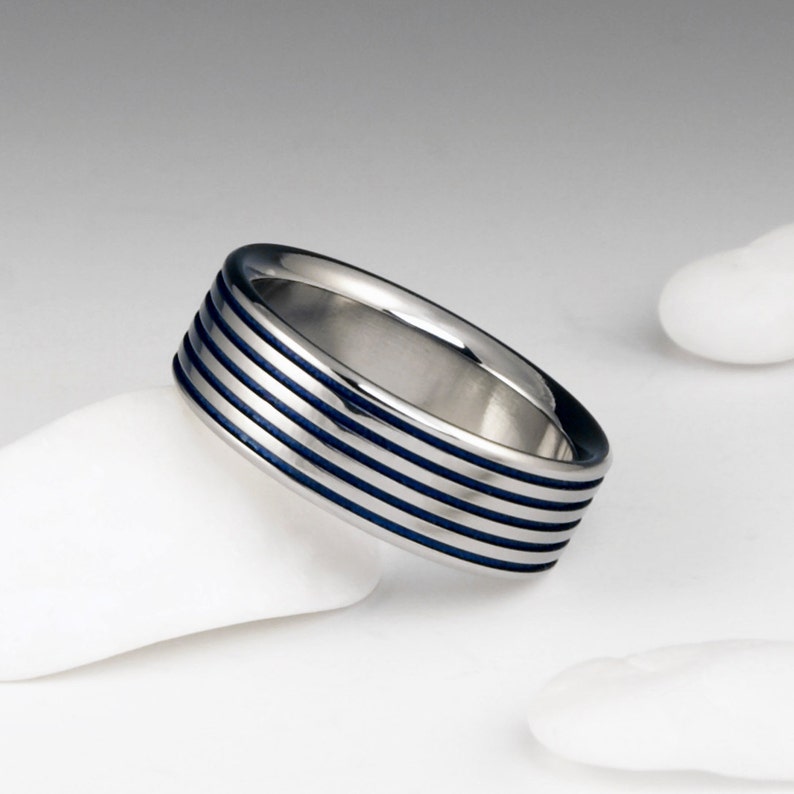 Titanium Ring Unique Wedding Band Set, Engagement, Promise or Anniversary Set with Blue Pinstripes image 4