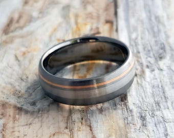 Titanium Ring: Platinum & 18k Rose Gold Inlay, Mixed Metal Wedding Band