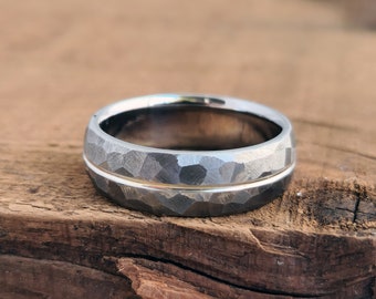 Handcrafted Titanium Ring: Domed, Faceted, with Sterling Silver Inlay