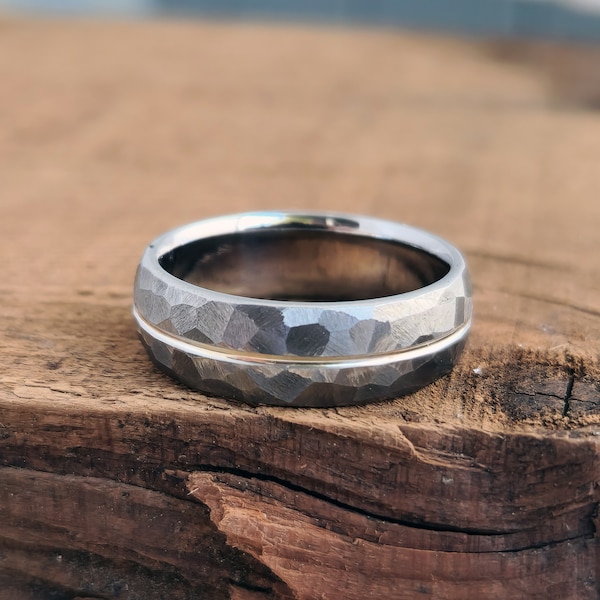 6al-4v Titanium Ring in a Domed Profile, with our Faceted "Mosaic" Hammered Texture, and a Centered Concave Solid Sterling Silver Inlay