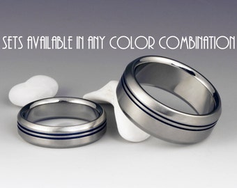 Titanium Ring Unique Wedding, Engagement, Promise or Anniversary Set with Two Off Center Pinstripes and Beveled Edges