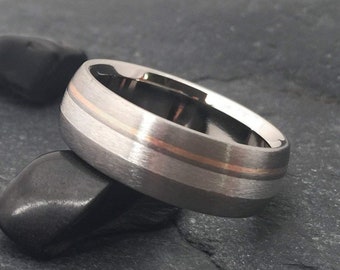 Handcrafted Titanium Ring: Sterling Silver Inlay, 18k Rose Gold Detail