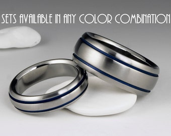 Titanium Ring Unique Wedding, Engagement, Promise or Anniversary Set with Domed Profiles and Two Blue Pinstripes on Either Side