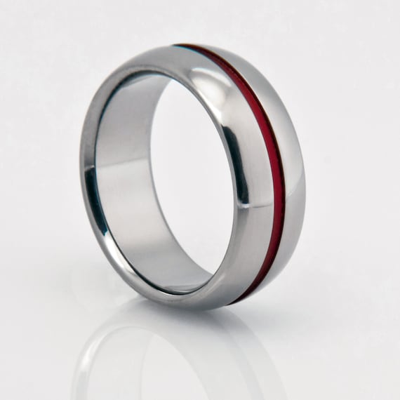 Titanium Band in a Domed Profile With a Wide Red Pinstripe Red