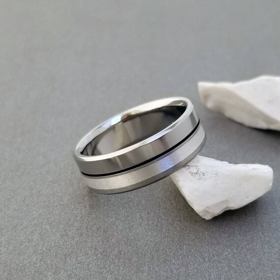 Perfect Jewelry Gift Titanium Sterling Silver Inlay Flat 8mm Brushed and Polished Band