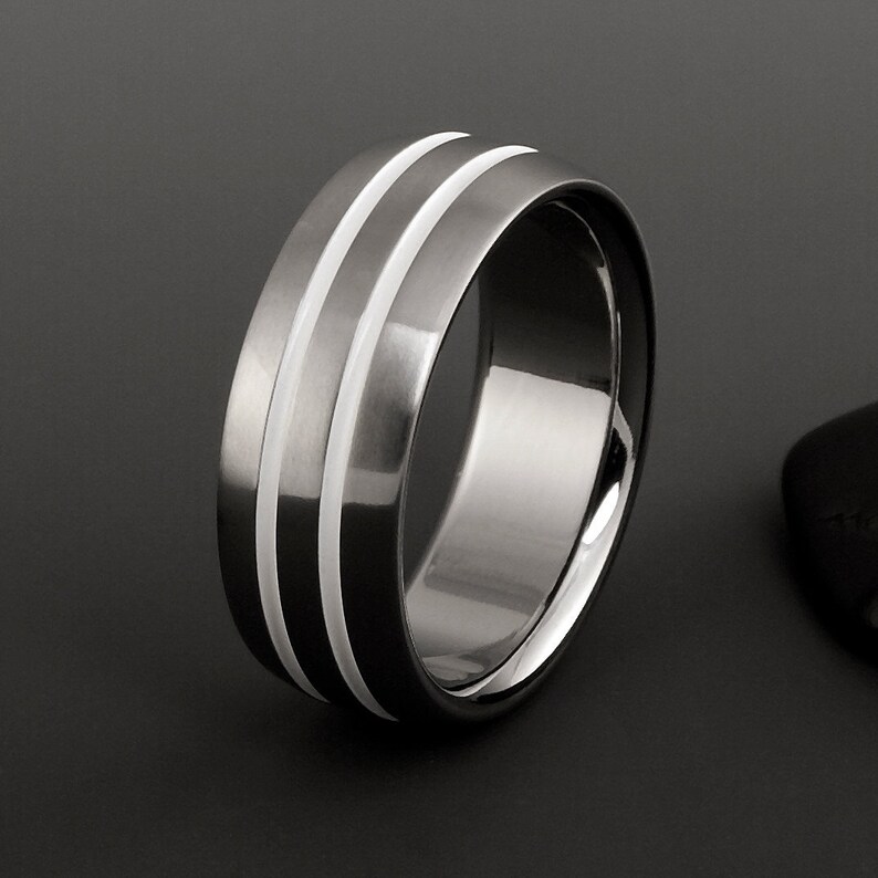 Titanium White Wedding Ring with Beveled Edges, Engagement or Promise Band for Men or Women, Personalized Unique Gift for Him or Her image 2