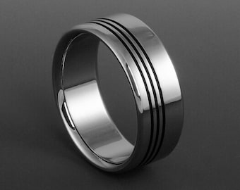 Titanium Ring with Off Center Black Pinstripes and a Flat Profile, Handmade Wedding Engagement or Promise Band, Mens or Womens Unisex Ring