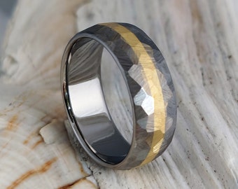 Solid 18k Gold and Titanium Faceted Wedding Ring, Inlaid Band with a Hammered Texture